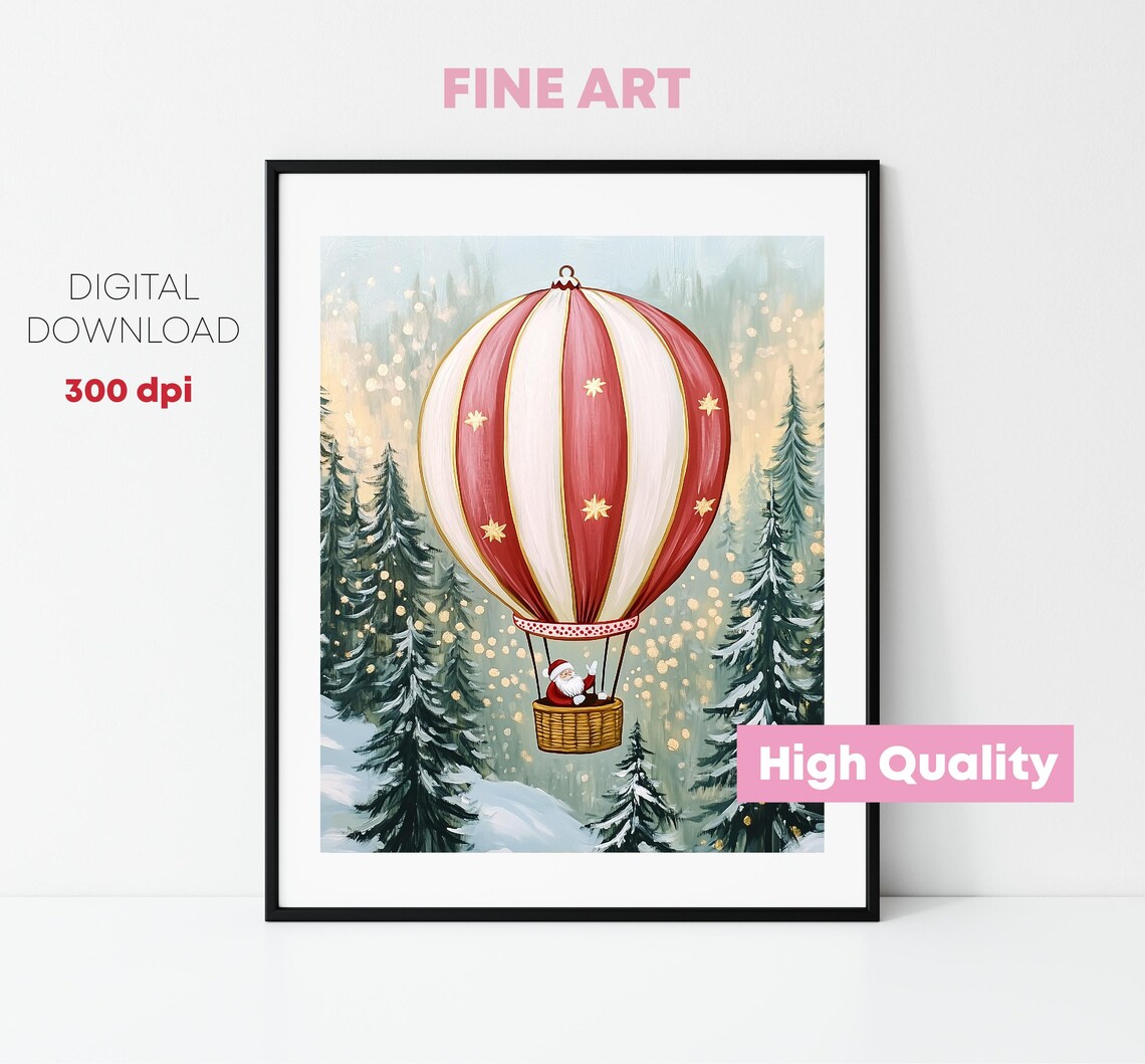 Santa Claus Hot Air Balloon Over Snowy Forest Christmas Art Poster - Image 2