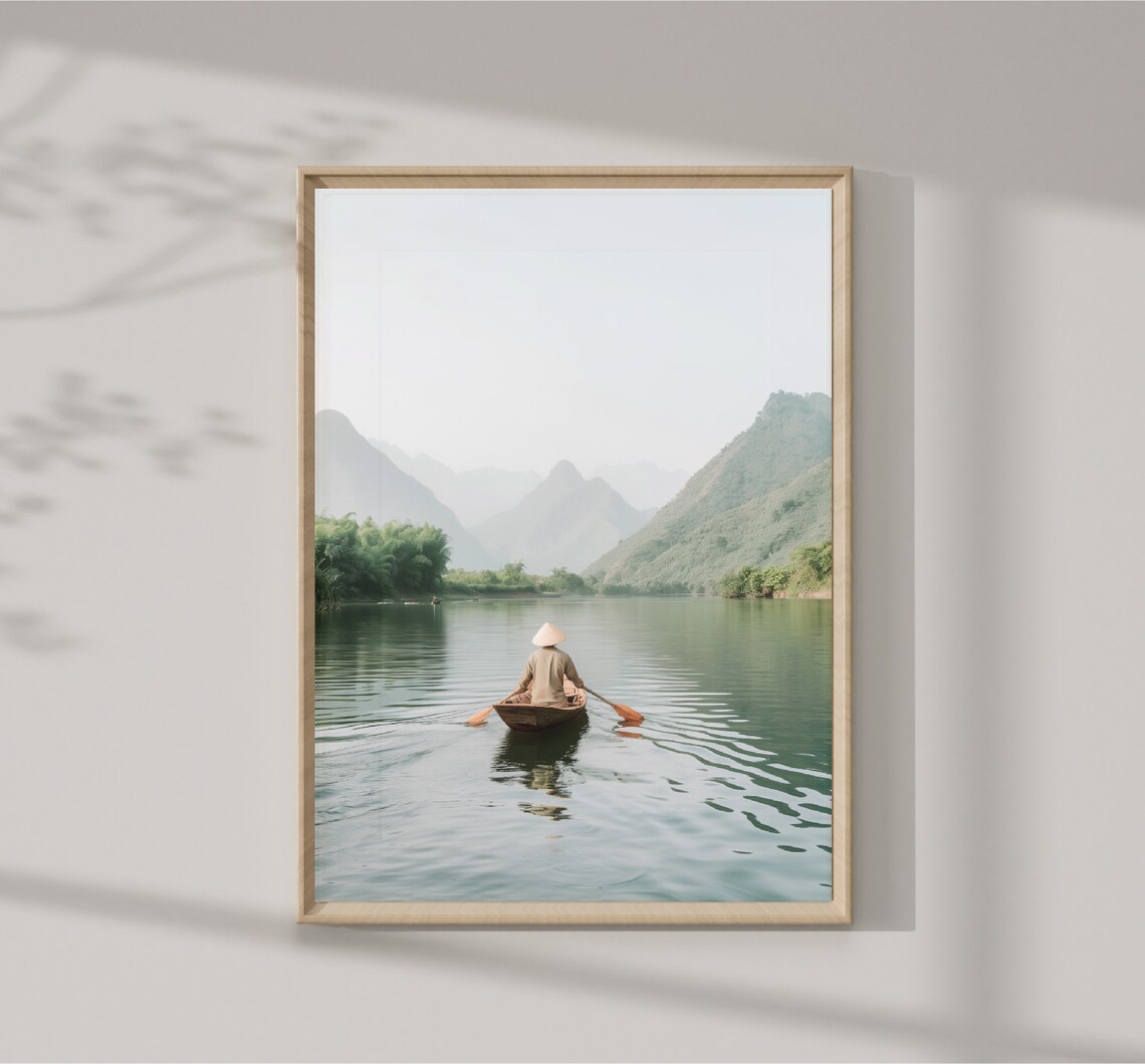 Vietnam River Rowboat Misty Green Mountains Serene Travel Poster
