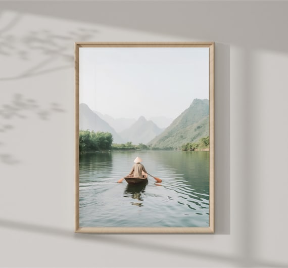 Peaceful Vietnam River Journey Wall Art Serene Landscape Photography Traditional Rowboat In Scenic Mountains Instant