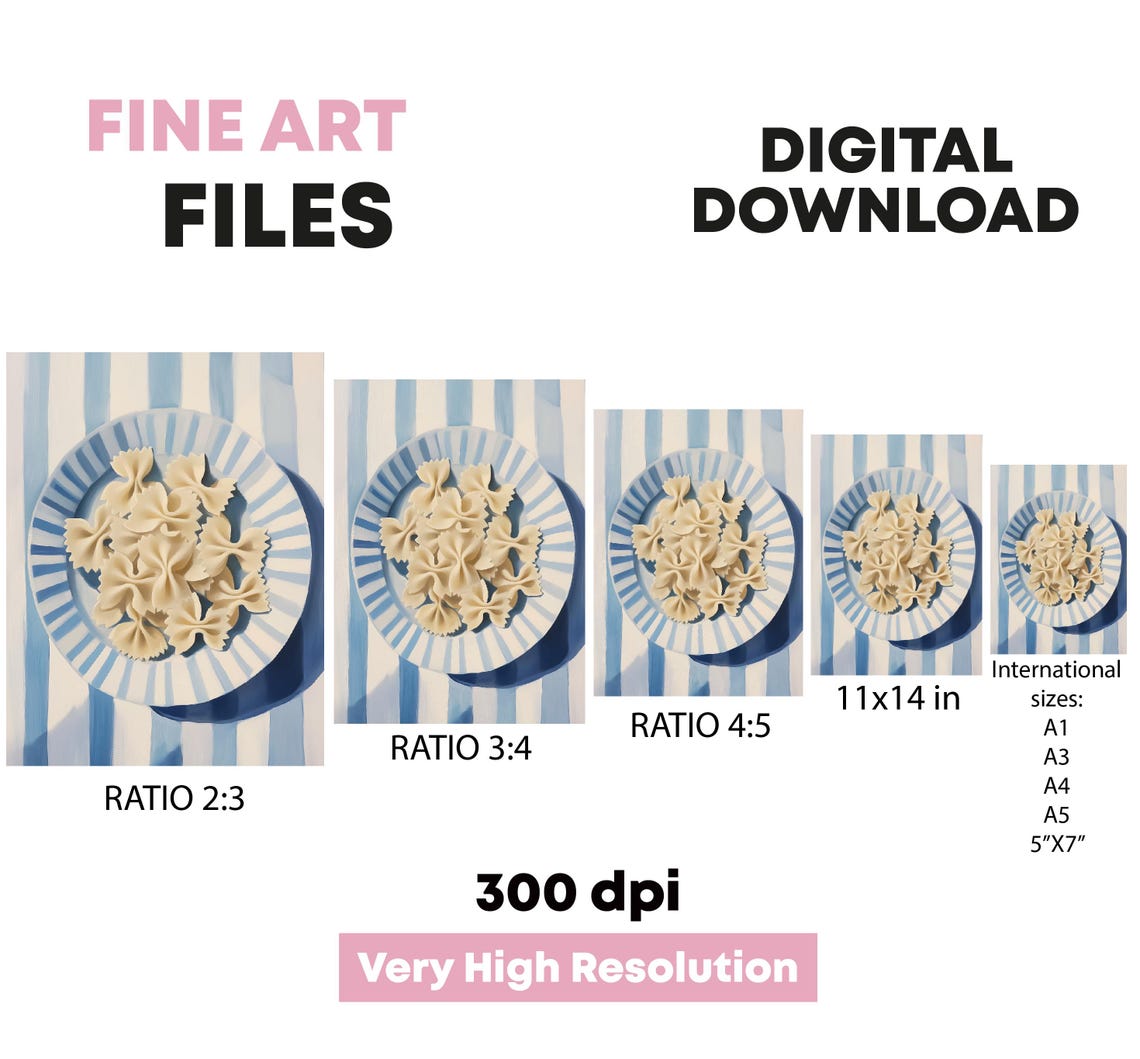 Farfalle Pasta On Blue Striped Plate Top Down Kitchen Art Poster - Image 5