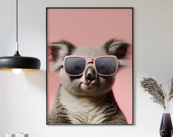 Koala Portrait with Pink Sunglasses on a Soft Blush Pink Poster