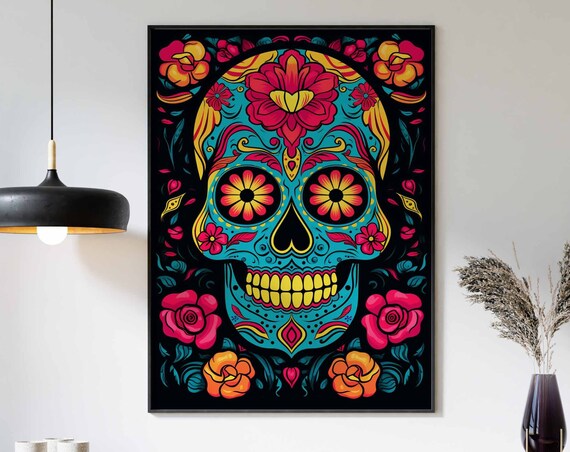 Neon Teal Sugar Skull Colorful Floral Black Background Wall Art