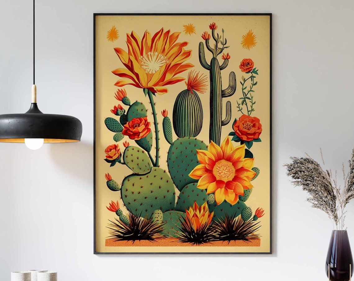 Rustic Cactus Cluster Orange Blooms Cream Botanical Wall Art