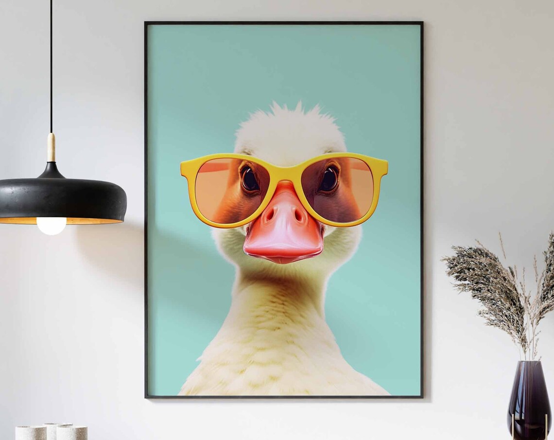 Happy Duckling in Yellow Sunglasses on a Turquoise Background Poster