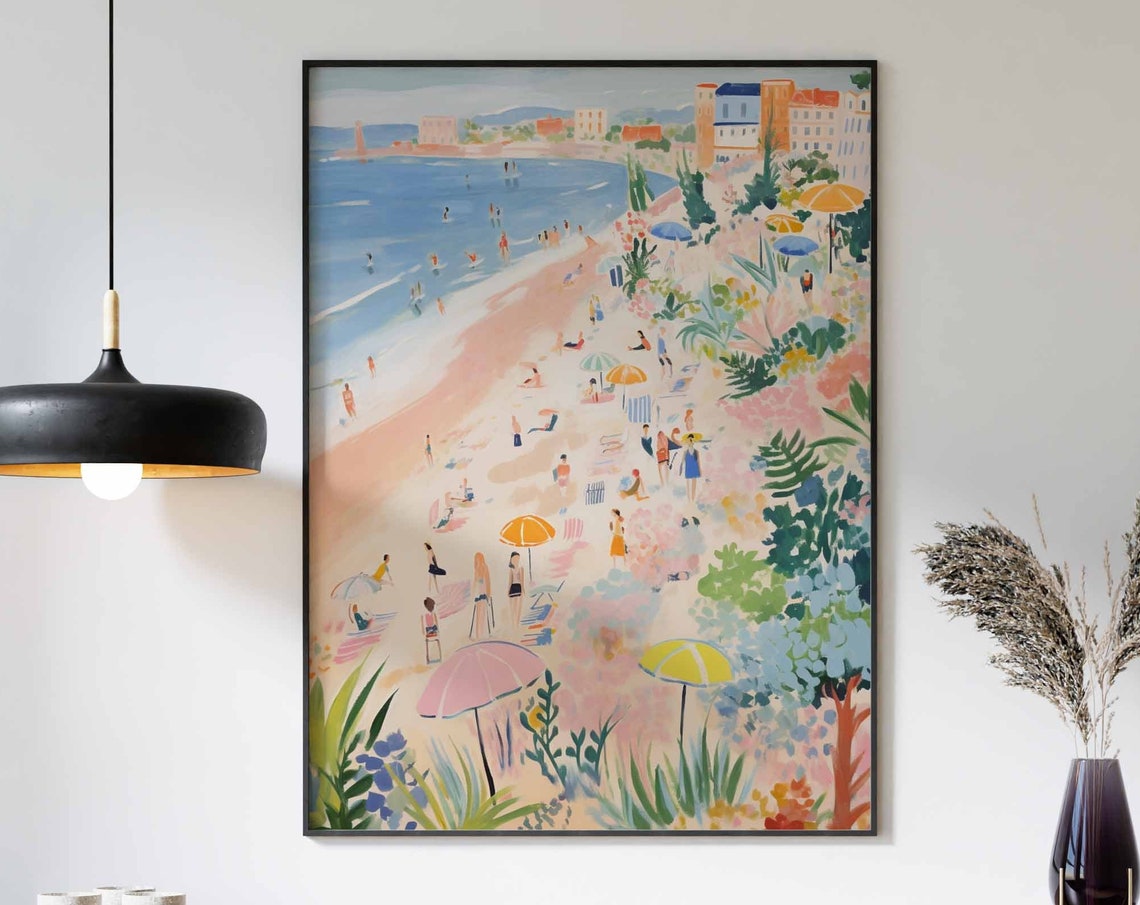 Cliffside Beach View Pink Umbrellas Lighthouse Bay Day Poster