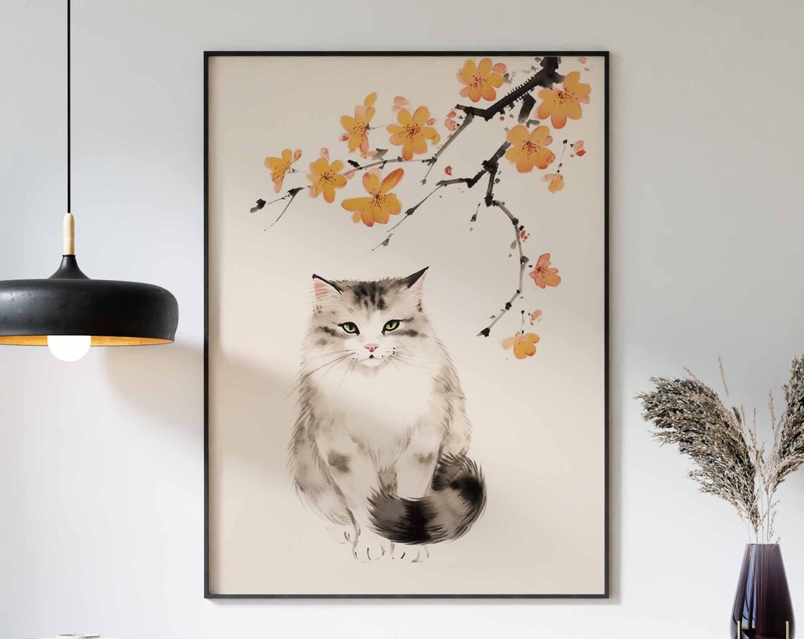 Japanese Ink Wash Grey Cat Under Orange Blossom Branch Poster