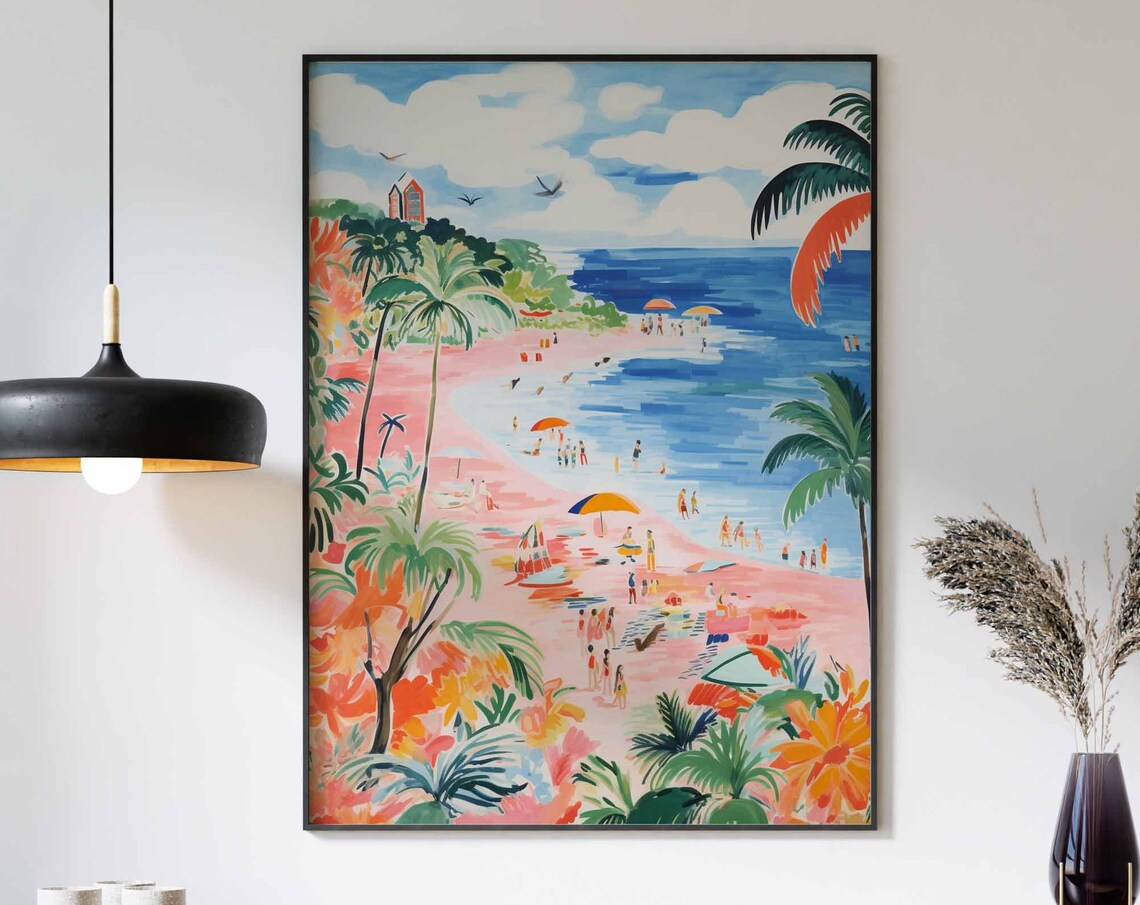 Pink Curved Beach Palm Tropical Resort Birds Vacation Poster