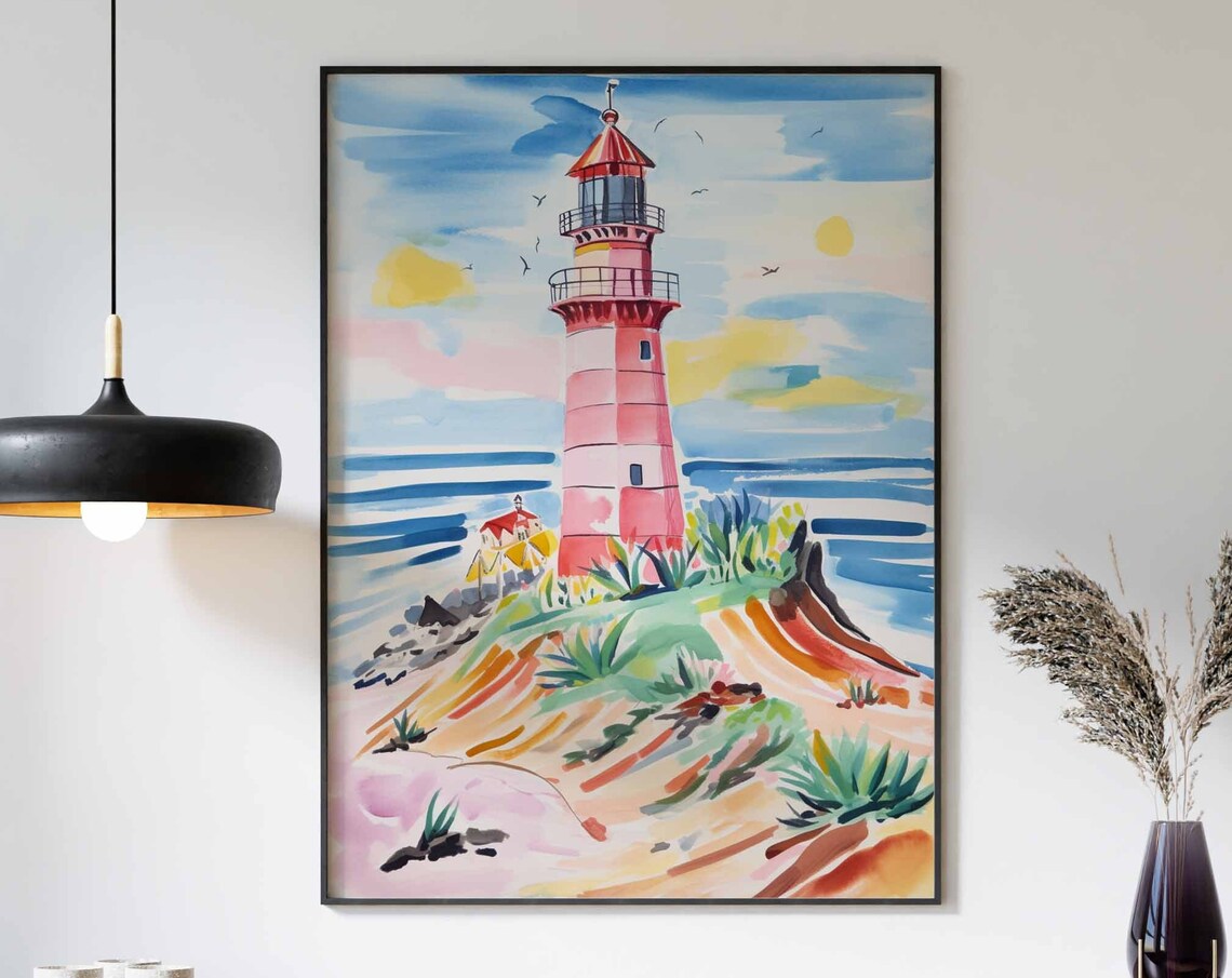 Pink Lighthouse on a Rocky Ocean Cliff Watercolor Art Poster