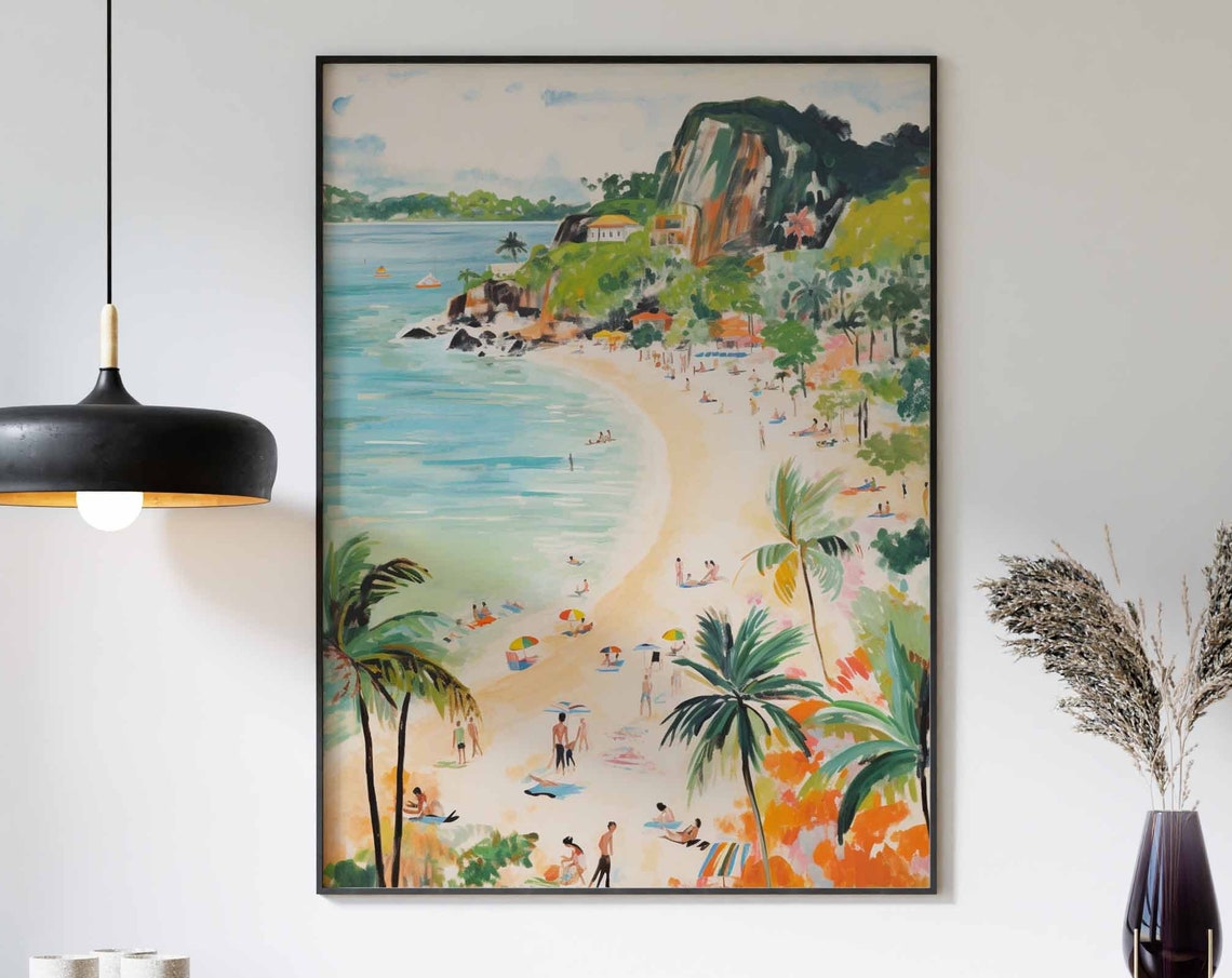 Sandy Tropical Beach with Palm Trees and a Rocky Headland Poster