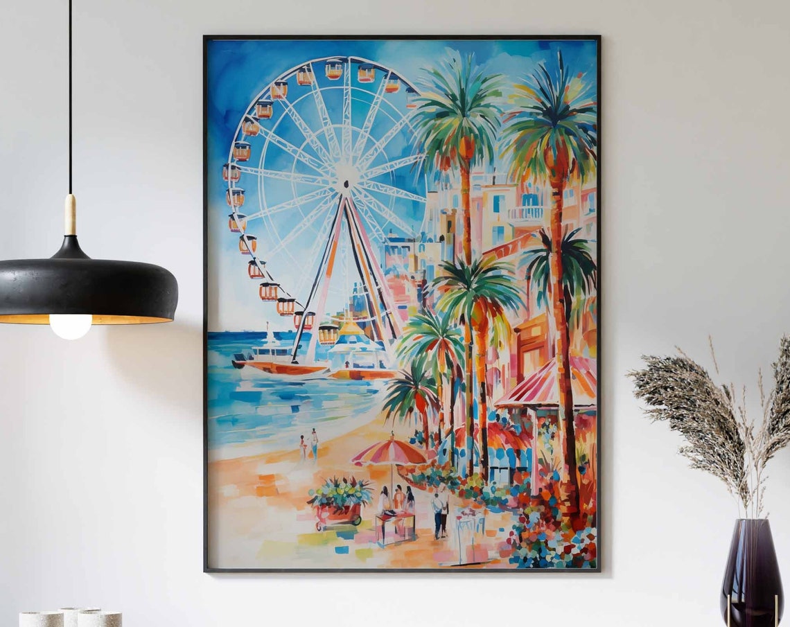 White Ferris Wheel Beach Boardwalk Vibrant Watercolor Poster