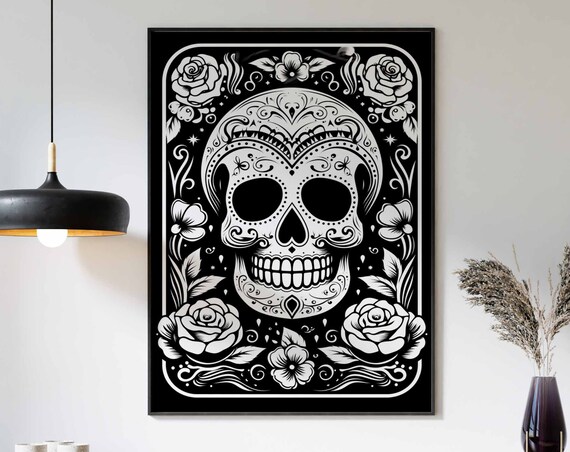 Black and White Sugar Skull Roses Decorative Border Wall Art