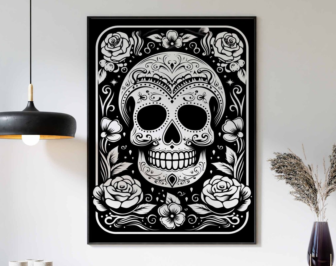 Black and White Sugar Skull Roses Decorative Border Wall Art