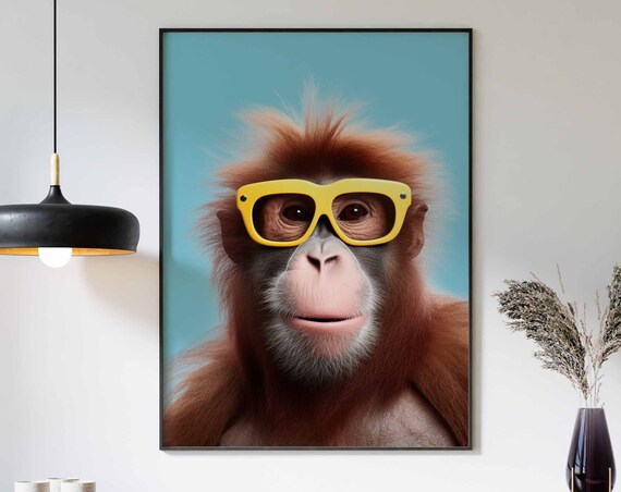 Orangutan Wearing Yellow Glasses on a Teal Background Poster