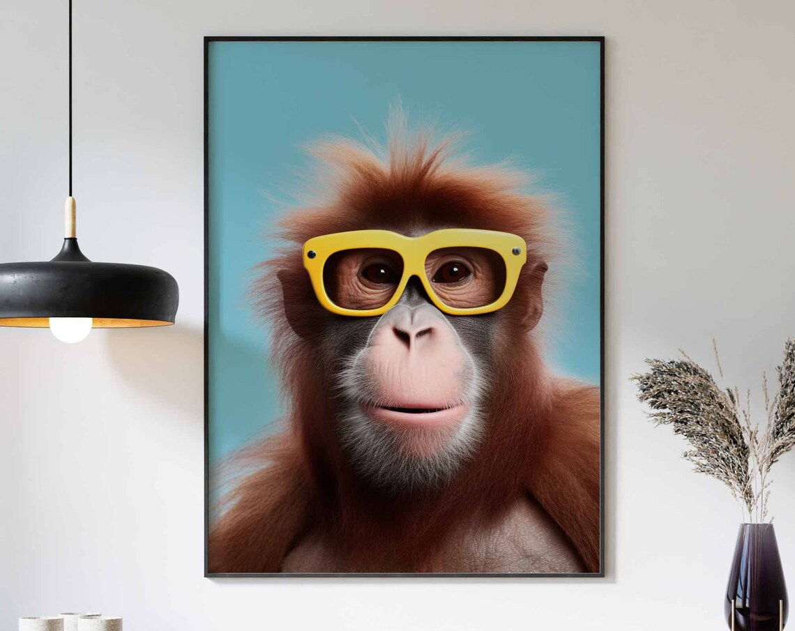 Orangutan Wearing Yellow Glasses on a Teal Background Poster