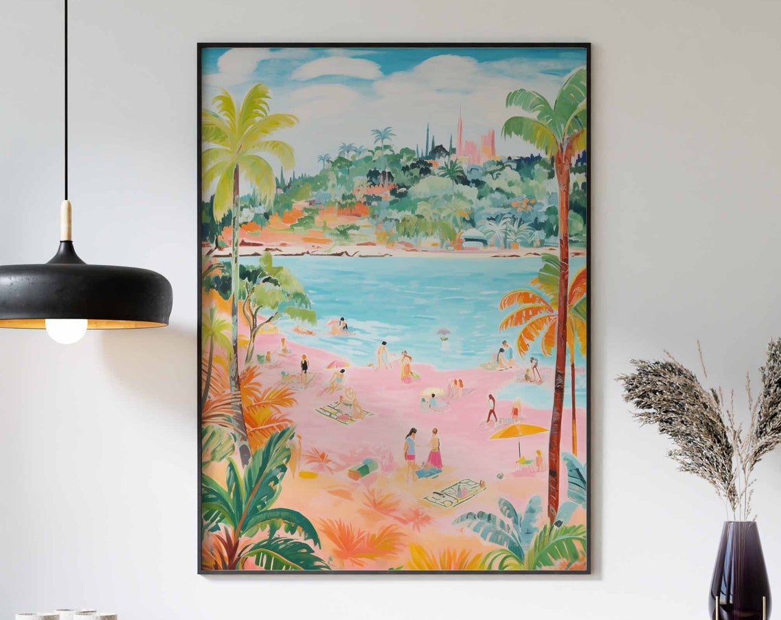 Pink Sand Beach with Palm Trees Facing a City Skyline Poster