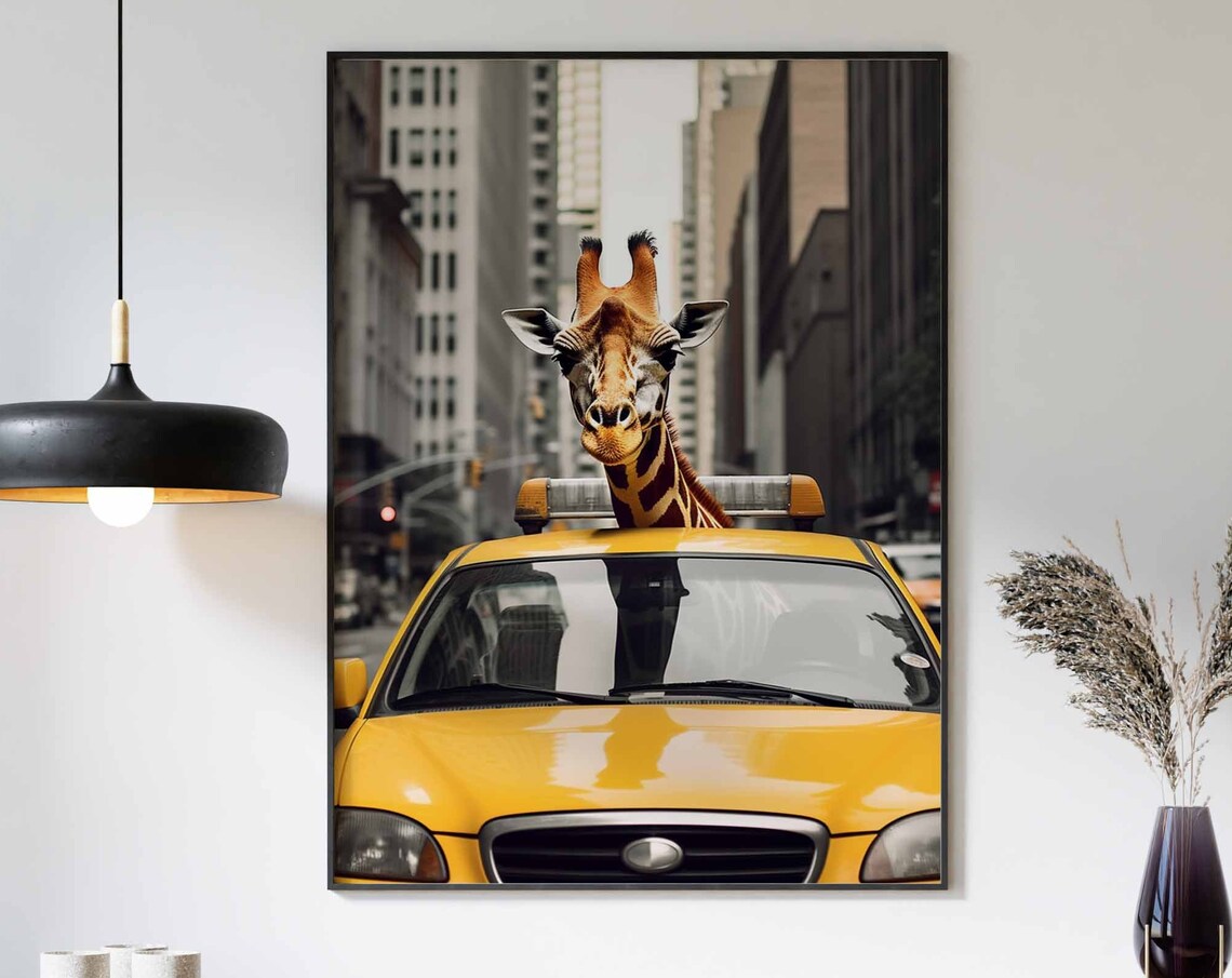 Giraffe Riding in a Yellow New York City Taxi Cab Funny Poster