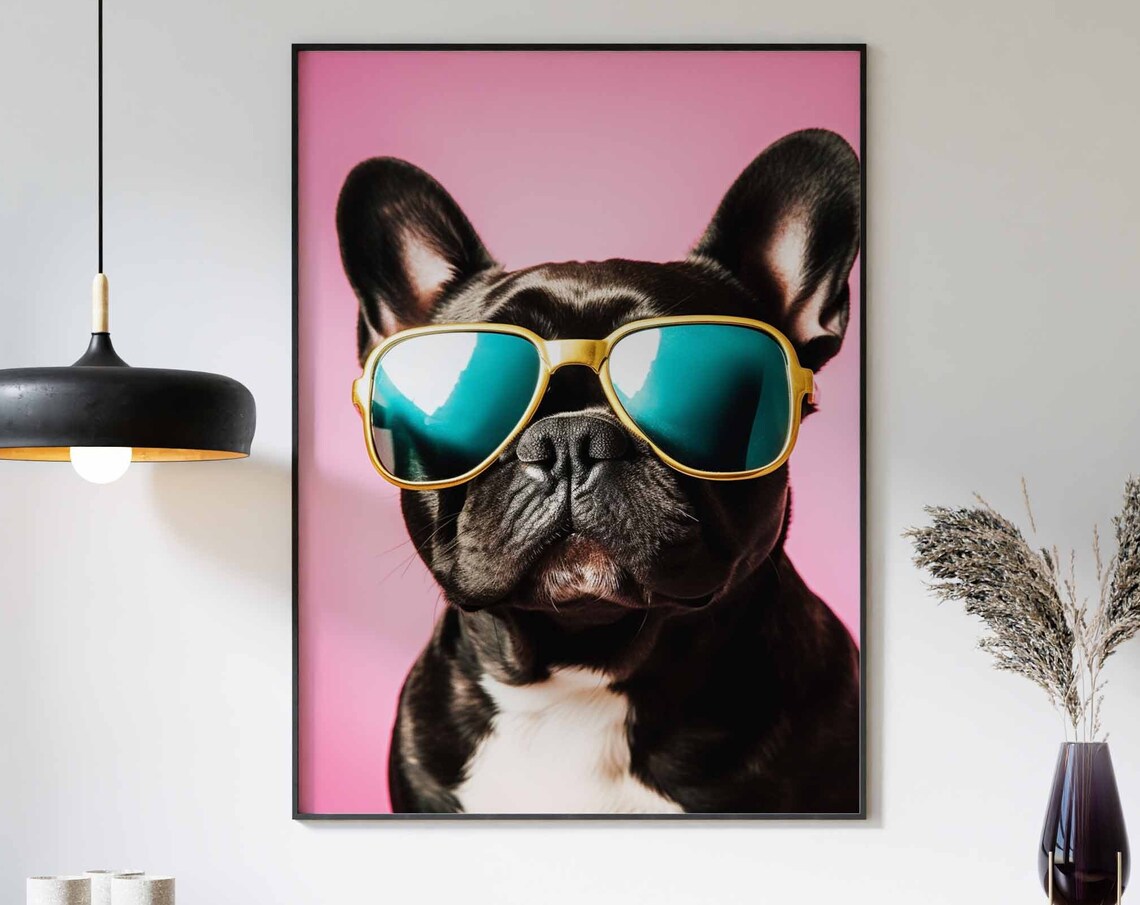 French Bulldog in Gold Aviator Sunglasses on Pink Background Poster