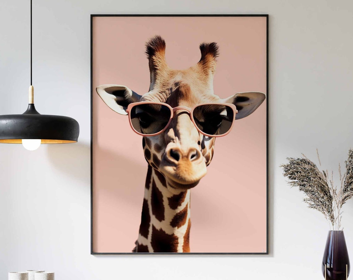 Sweet Giraffe Wearing Pink Sunglasses on Blush Background Poster
