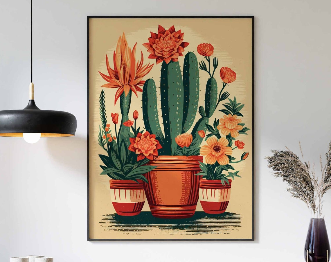 Tall Blooming Cactus Terracotta Pots Retro Mexican Botanical Print