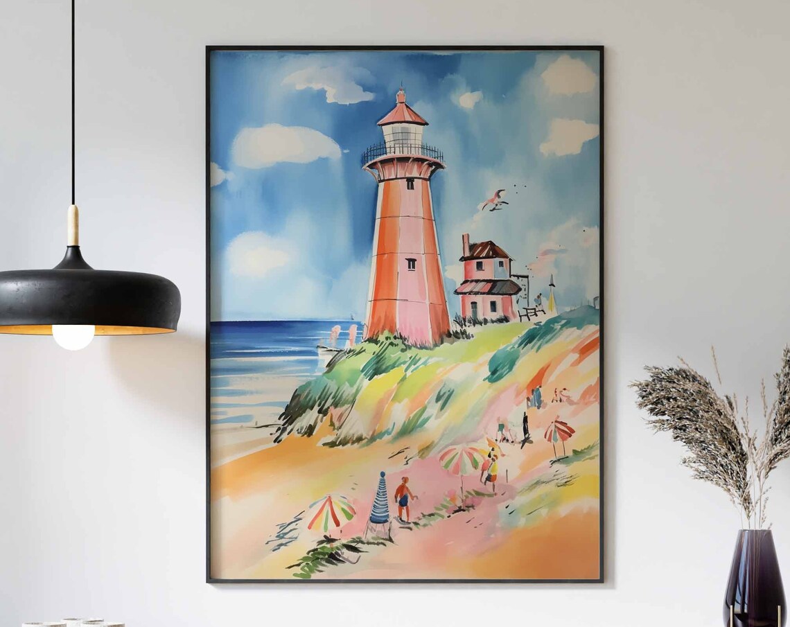 Pink Lighthouse and Keeper Cottage Overlooking a Sunny Beach Poster