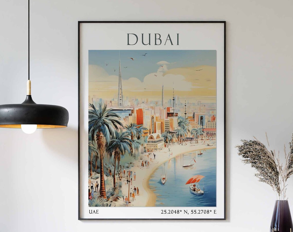 Dubai Beach Palm Trees with Sailboats and Skyline Poster Art