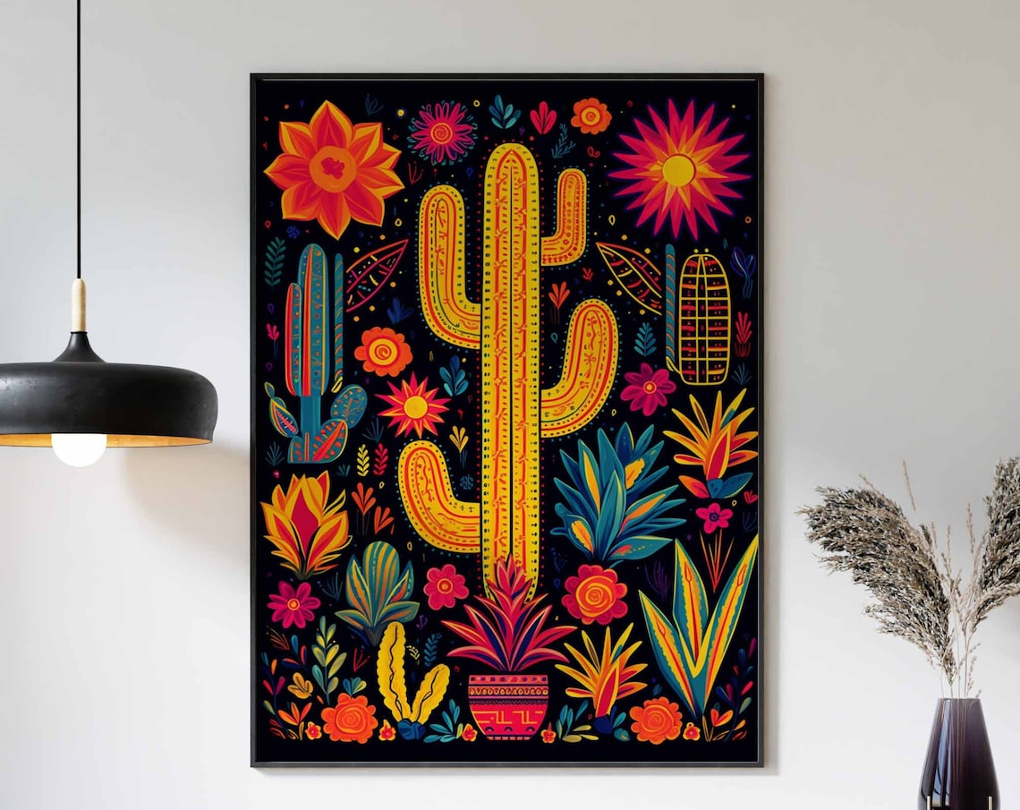 Festive Mexican Folk Art Giant Yellow Cactus Magenta Suns Poster