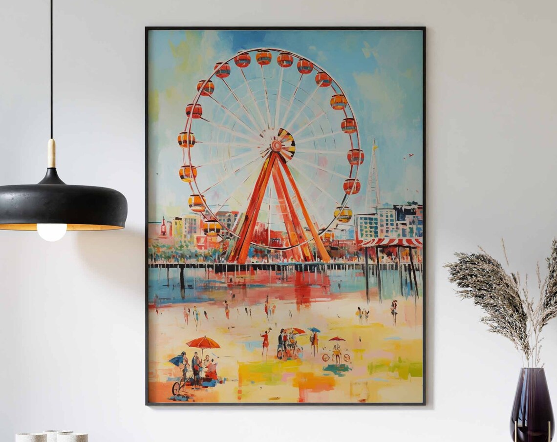 Red Ferris Wheel Pier Beach Impressionist Seaside Day Poster