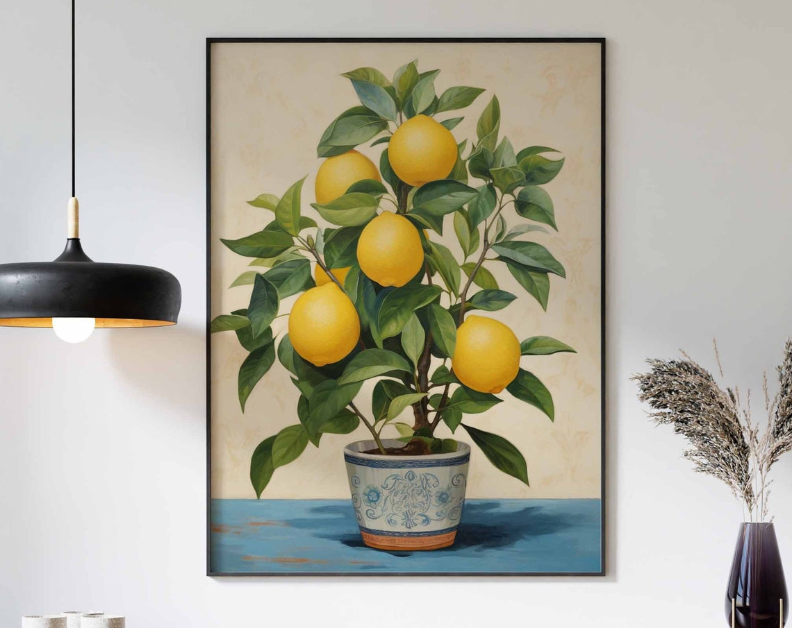 Vintage Cream Potted Lemon Tree Blue Ceramic Pot Botanical Poster