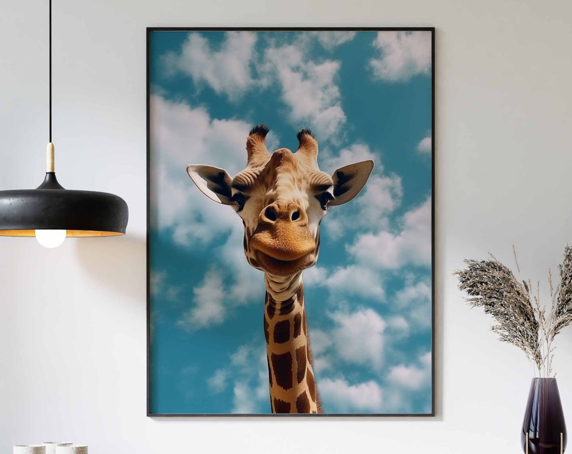 Giraffe Looking Down at the Camera Under a Cloudy Teal Sky Poster