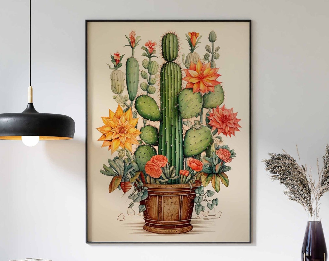 Tall Columnar Cactus in a Wooden Barrel Pot with Orange Blooms Poster