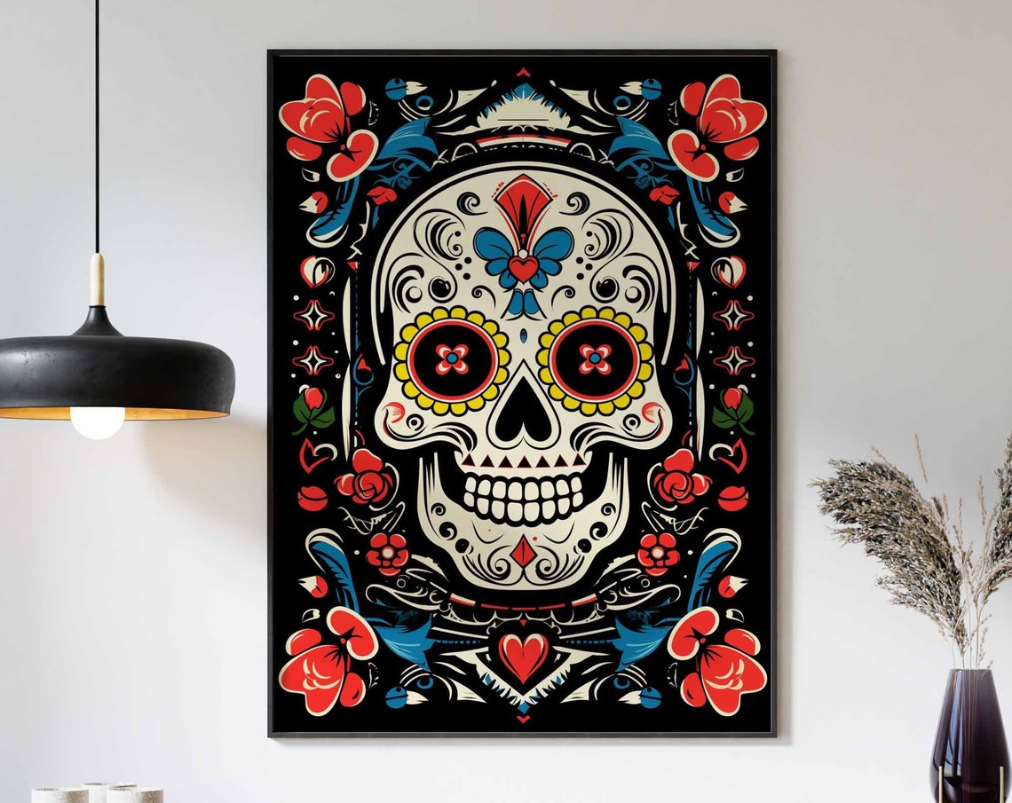 White Sugar Skull Blue Red Accents Black Background Folk Poster
