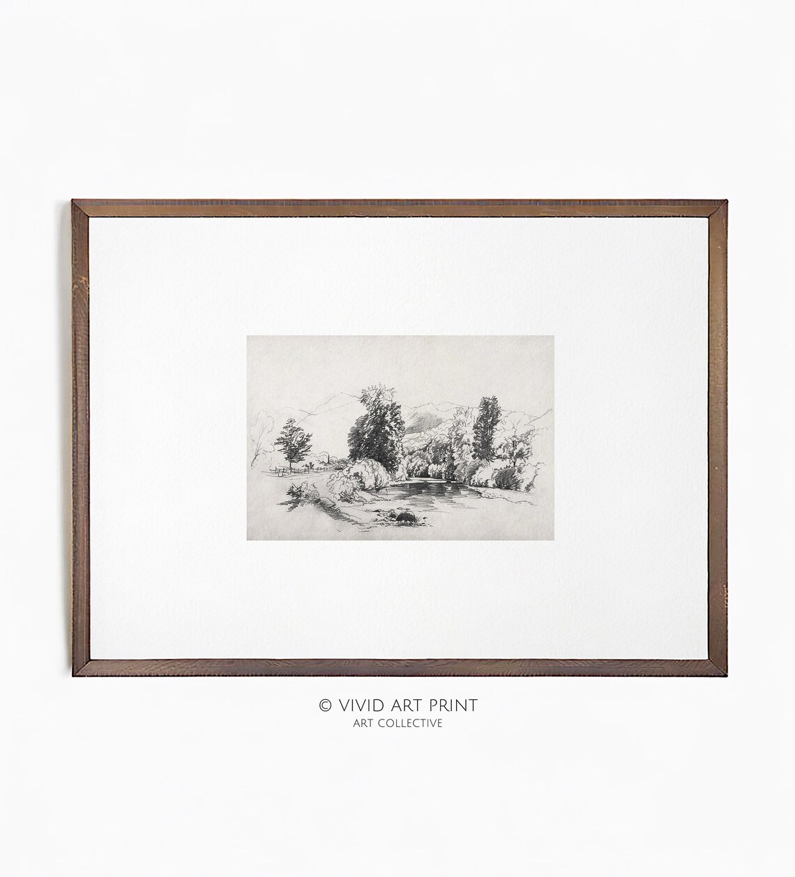 Vintage River Forest Sketch Landscape Poster