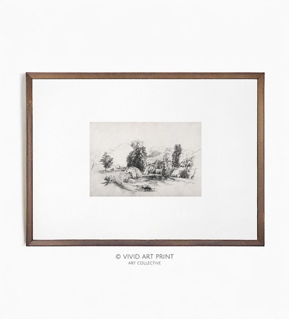 Vintage River Forest Sketch Landscape Poster