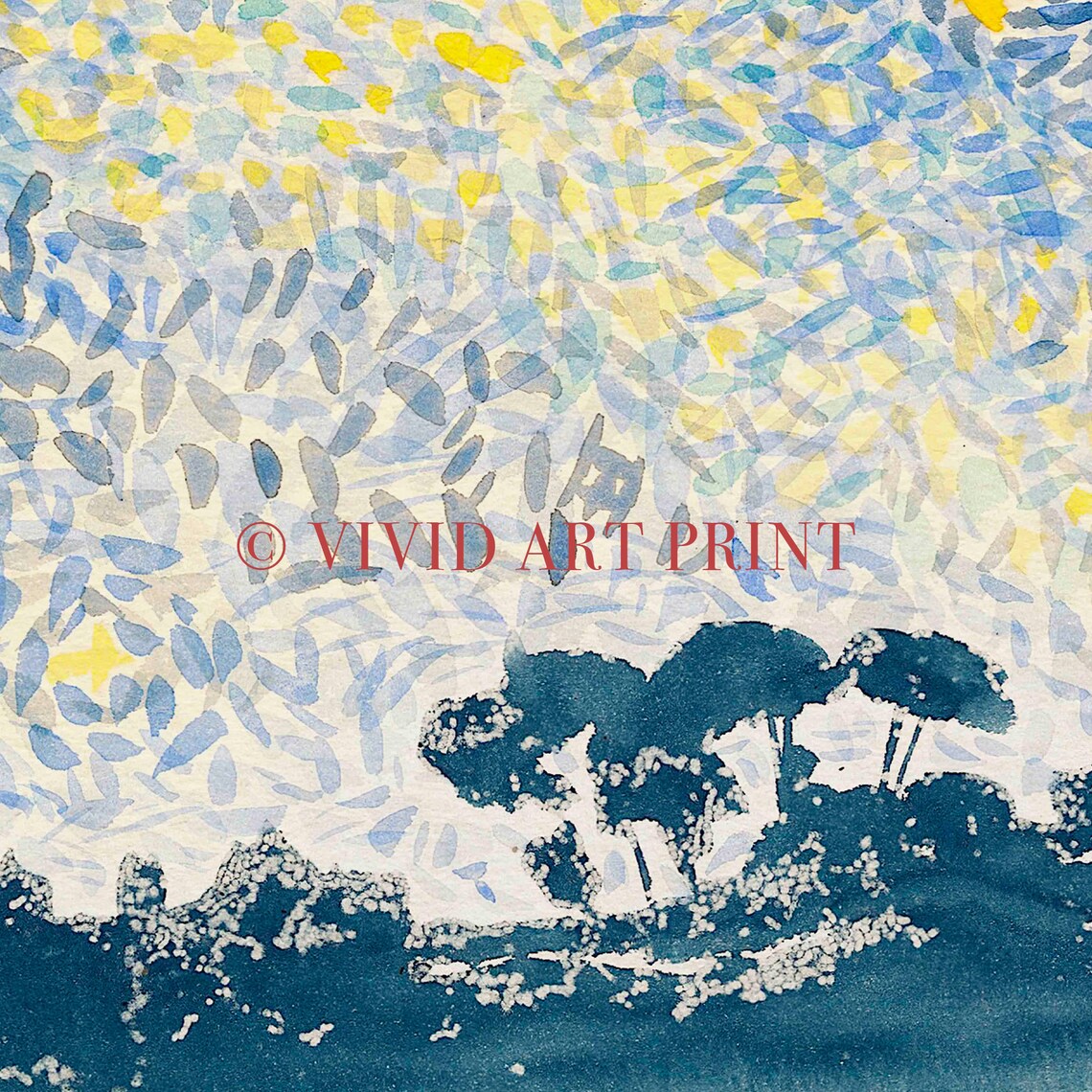 Starry Night Sky Pointillist Landscape Blue Yellow Art Poster - Image 4