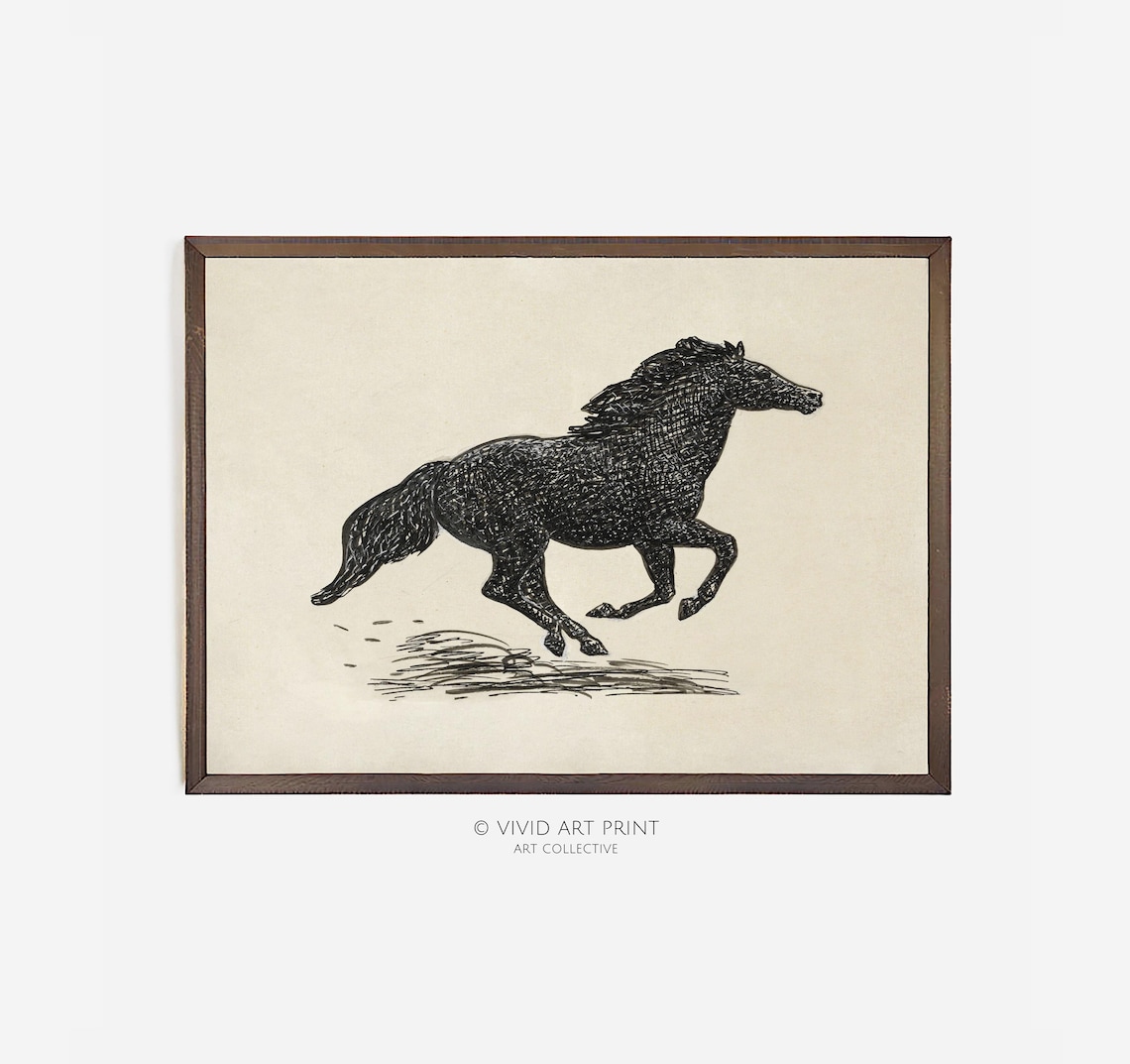 Galloping Horse Vintage Sketch, Rustic Equestrian Art Print
