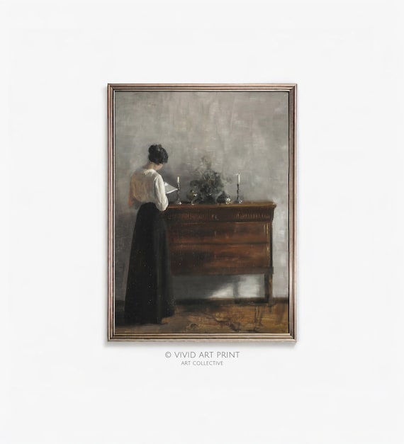 Woman Reading by Candlelight Vintage Interior Scene Oil Poster
