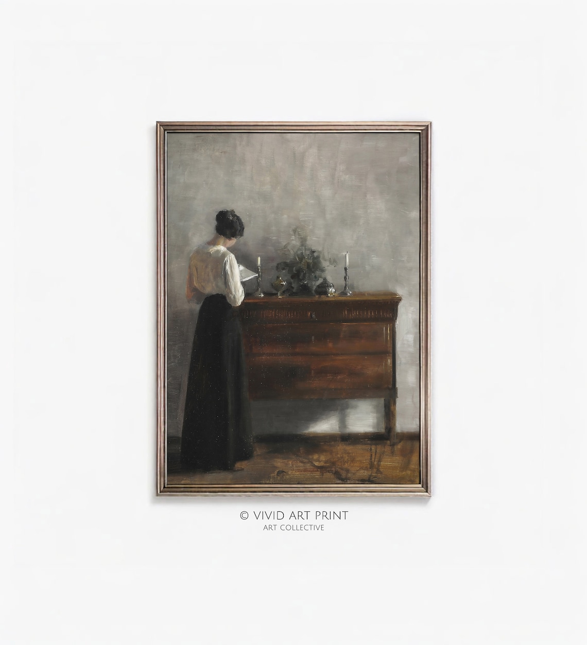 Woman Reading by Candlelight Vintage Interior Scene Oil Poster