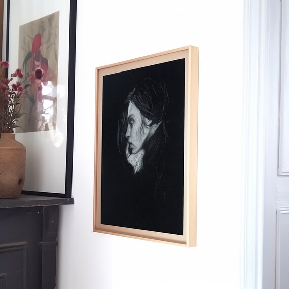 Wonder Charcoal Woman Profile on Deep Black Background Art Print