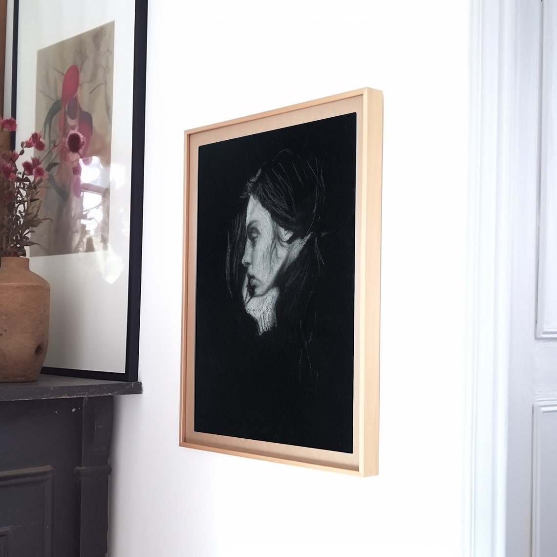 Wonder Charcoal Woman Profile on Deep Black Background Art Print