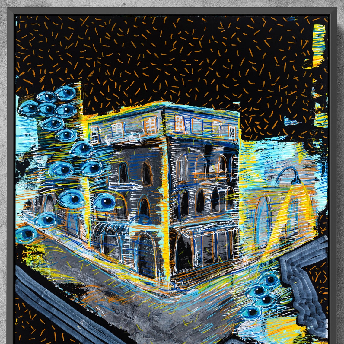 Blue Night Building Eyes Surreal Cityscape Abstract Art Poster - Image 3