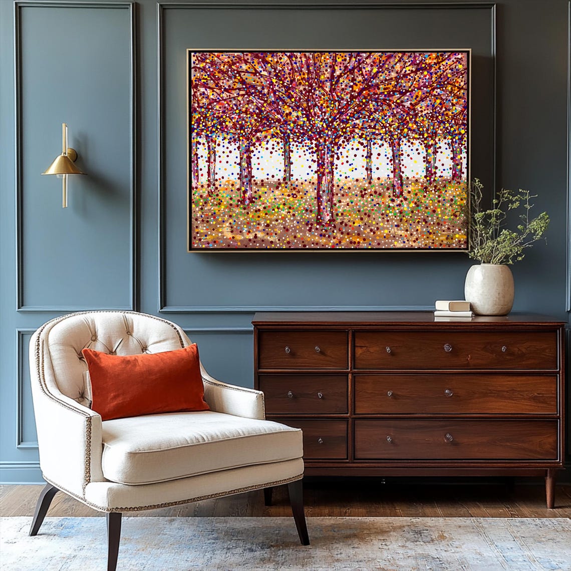 Vibrant Dotted Autumn Forest Square Abstract Landscape Poster - Image 2