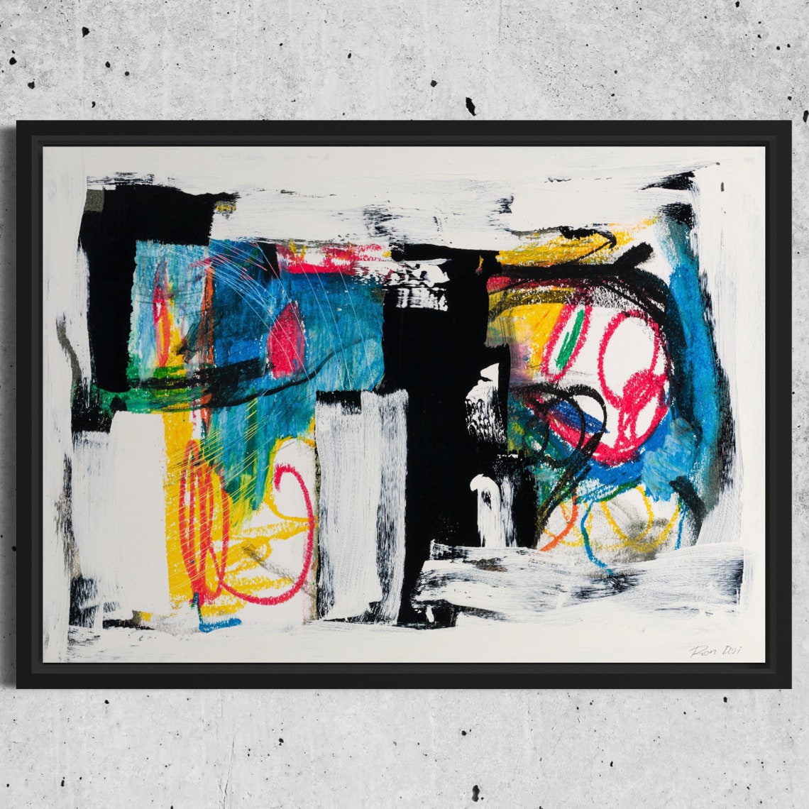 Bold Gestural Marks in Black White Blue and Yellow Abstract Poster