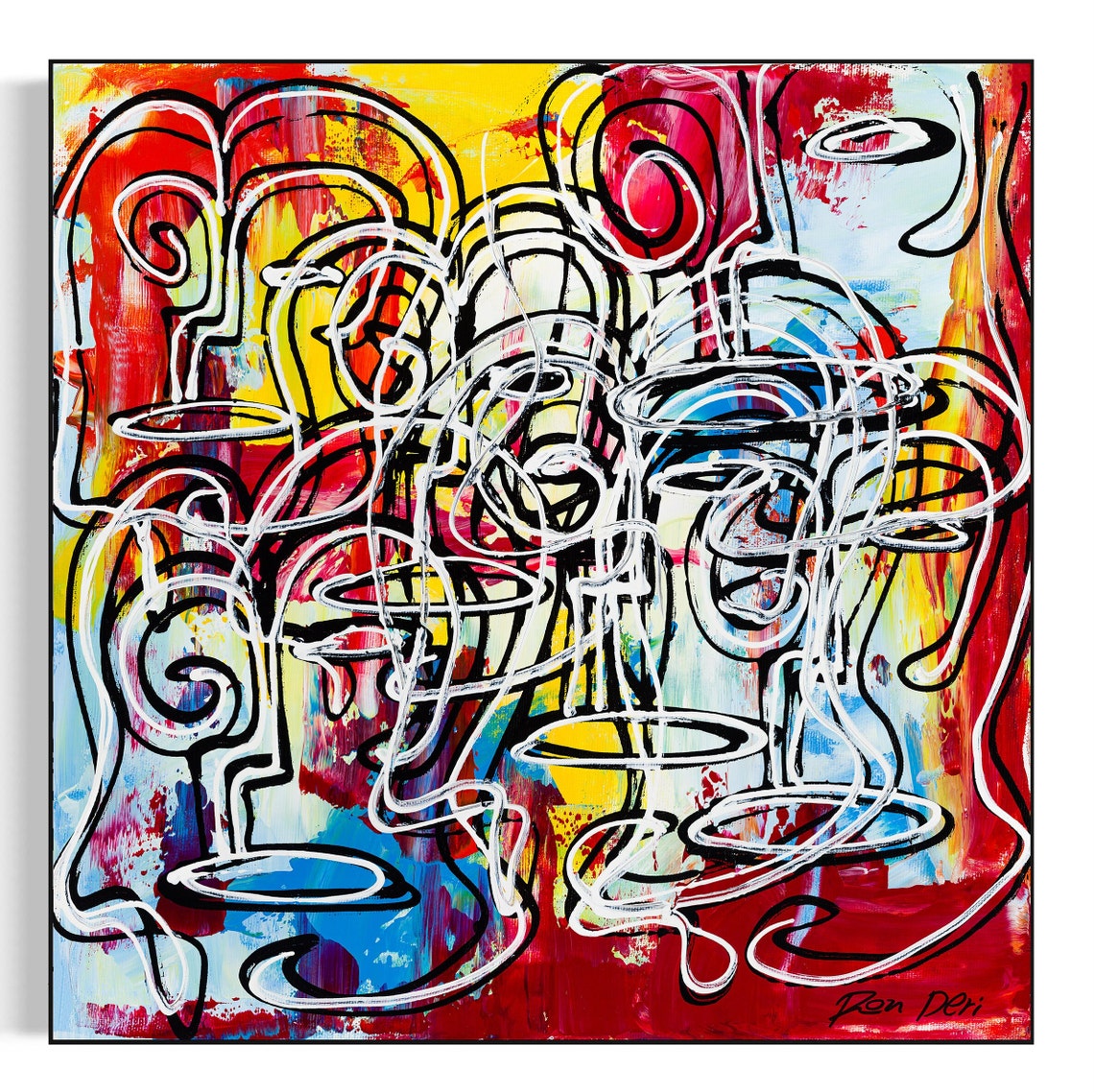 Vibrant Scribble Faces on Red Yellow Blue Patchwork Modern Poster - Image 4