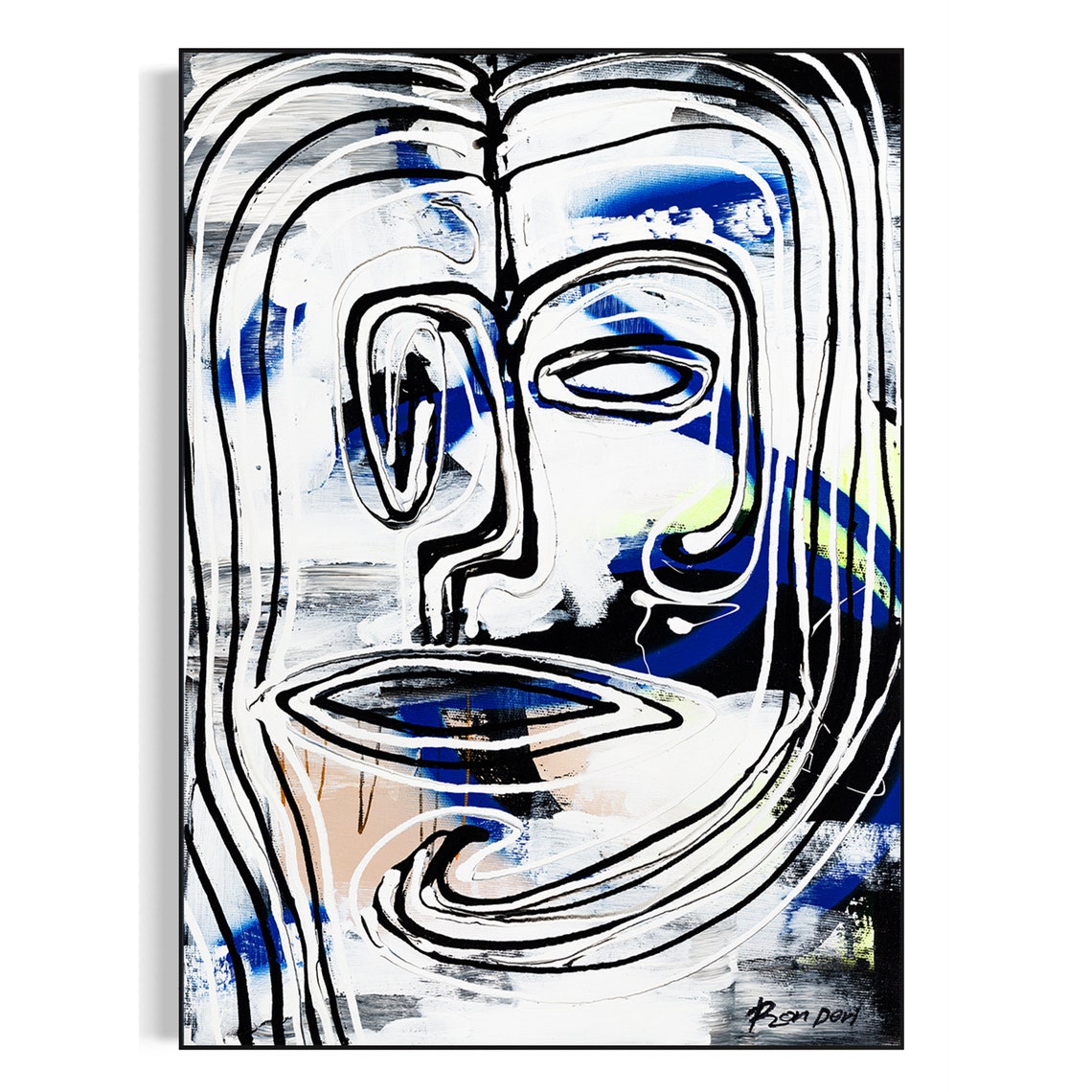 Line Art Face in Black and White with Blue Accents Vertical Poster - Image 4