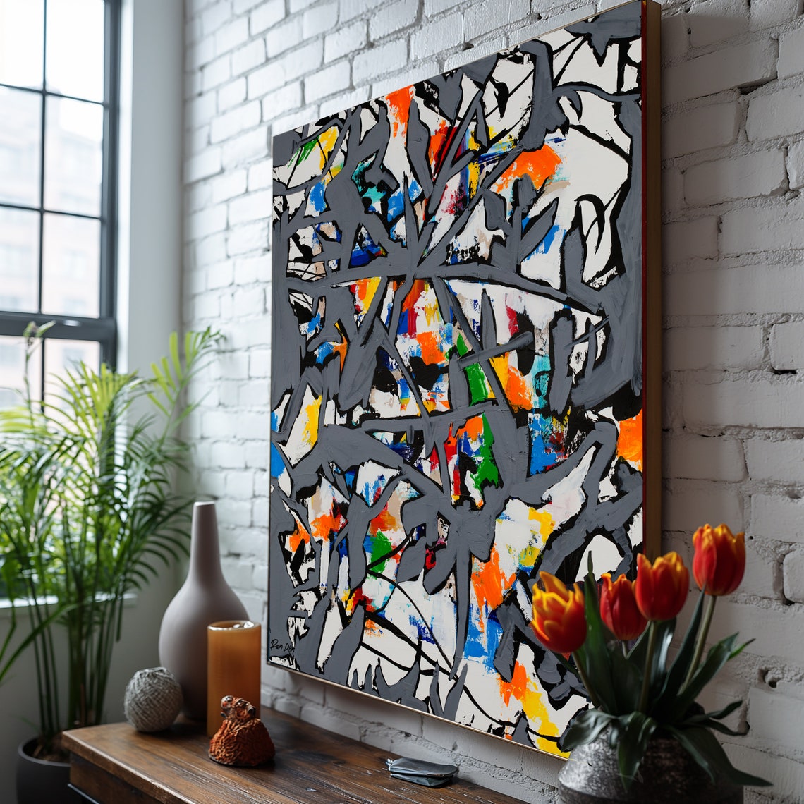 Gray Web Lines Over Colorful Textured Ground Abstract Art Print - Image 5