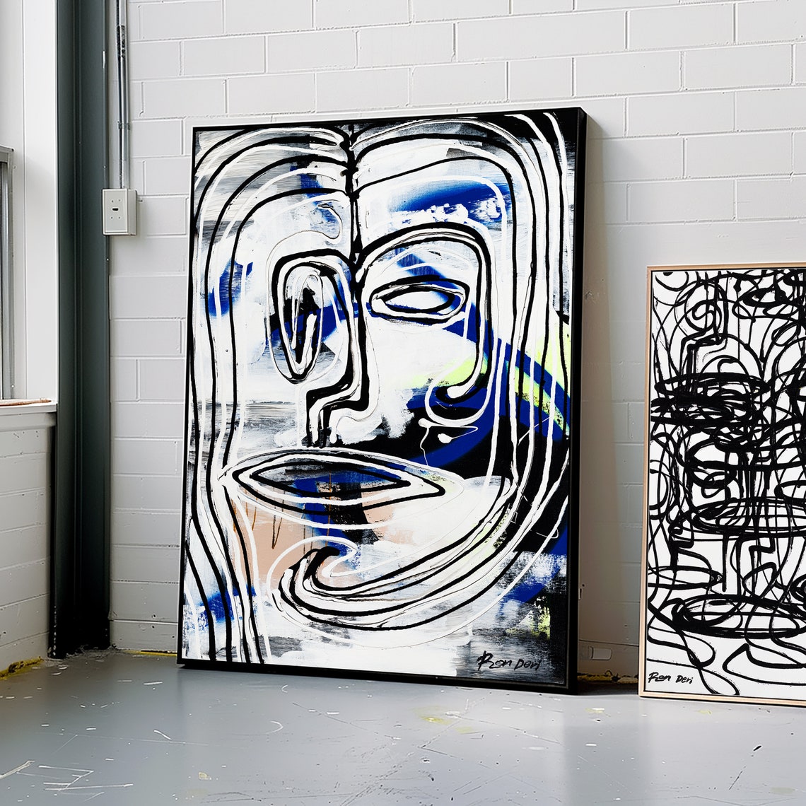 White Line Face Blue Accents Tall Modern Abstract Portrait Poster - Image 3