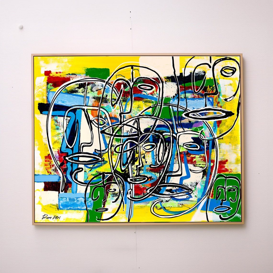 Ron Deri Crowd of Faces in Bright Yellow Abstract Original Poster