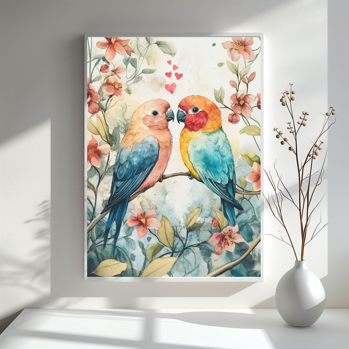 Colorful Lovebirds Watercolor Parrots On Branch Floral Bird Art Poster - Image 3