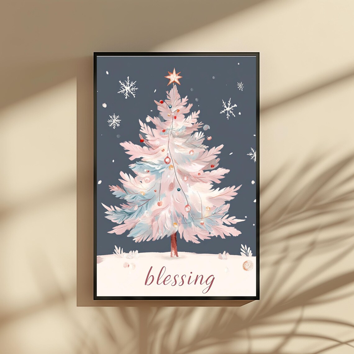 Pastel Pink Christmas Tree Watercolor Snowflakes Blessing Art Poster - Image 2
