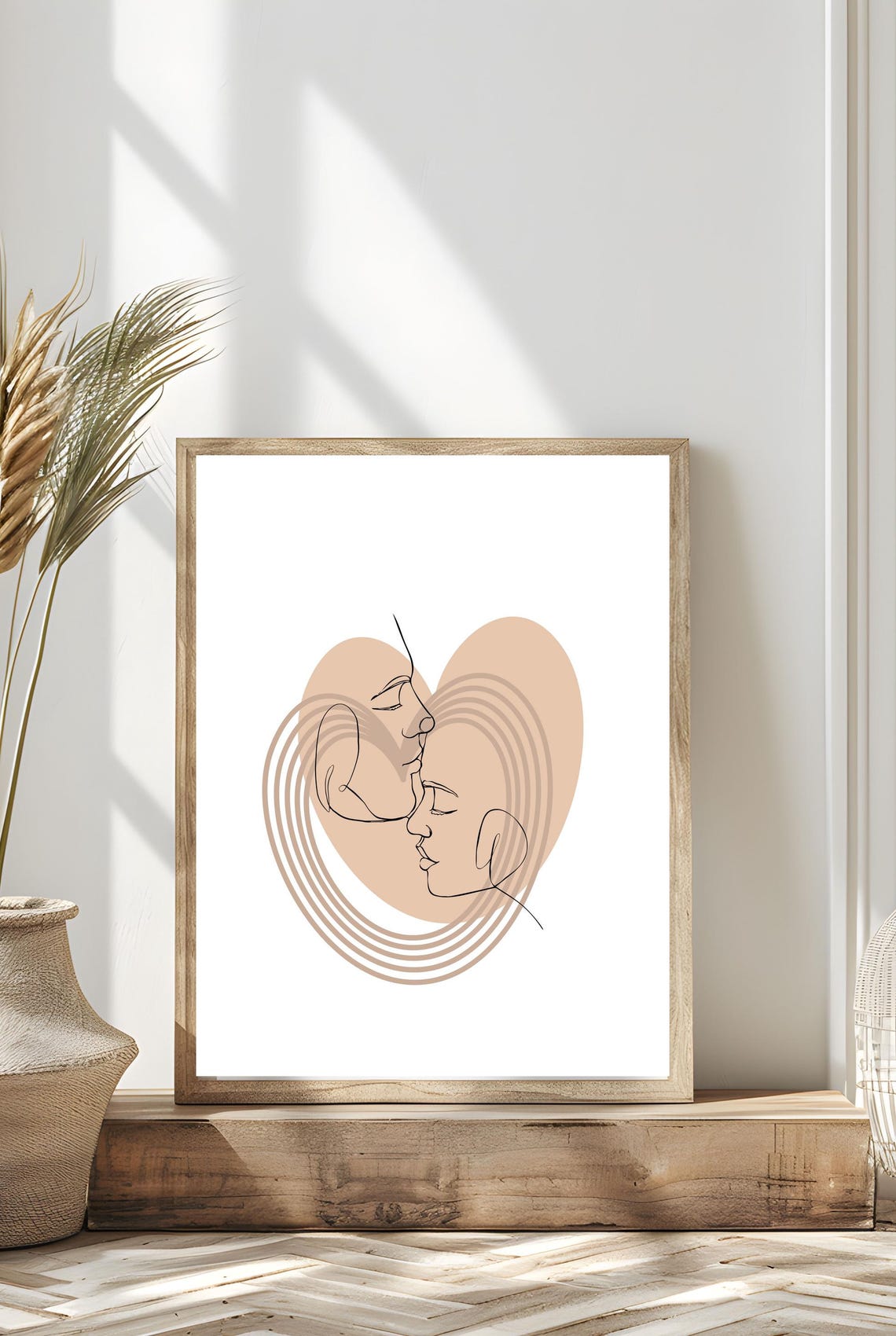 Minimalist One Line Art Couple Faces Heart Beige Abstract Love Poster